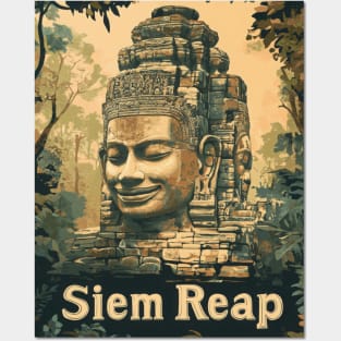 Majestic stone sculptures of smiling faces rise from the ancient ruins in Siem Reap, bathed in warm golden light as the sun sets behind lush Posters and Art